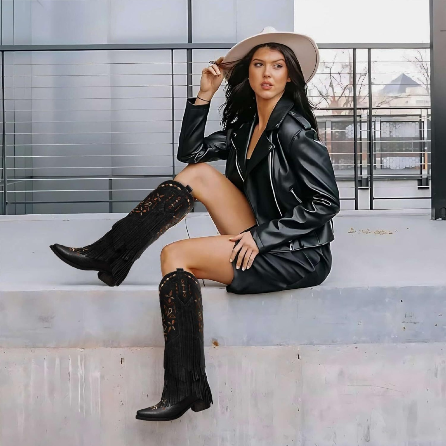 Cowgirl Boots Black Leather Pointed Toe Knee High Boots Cowboy