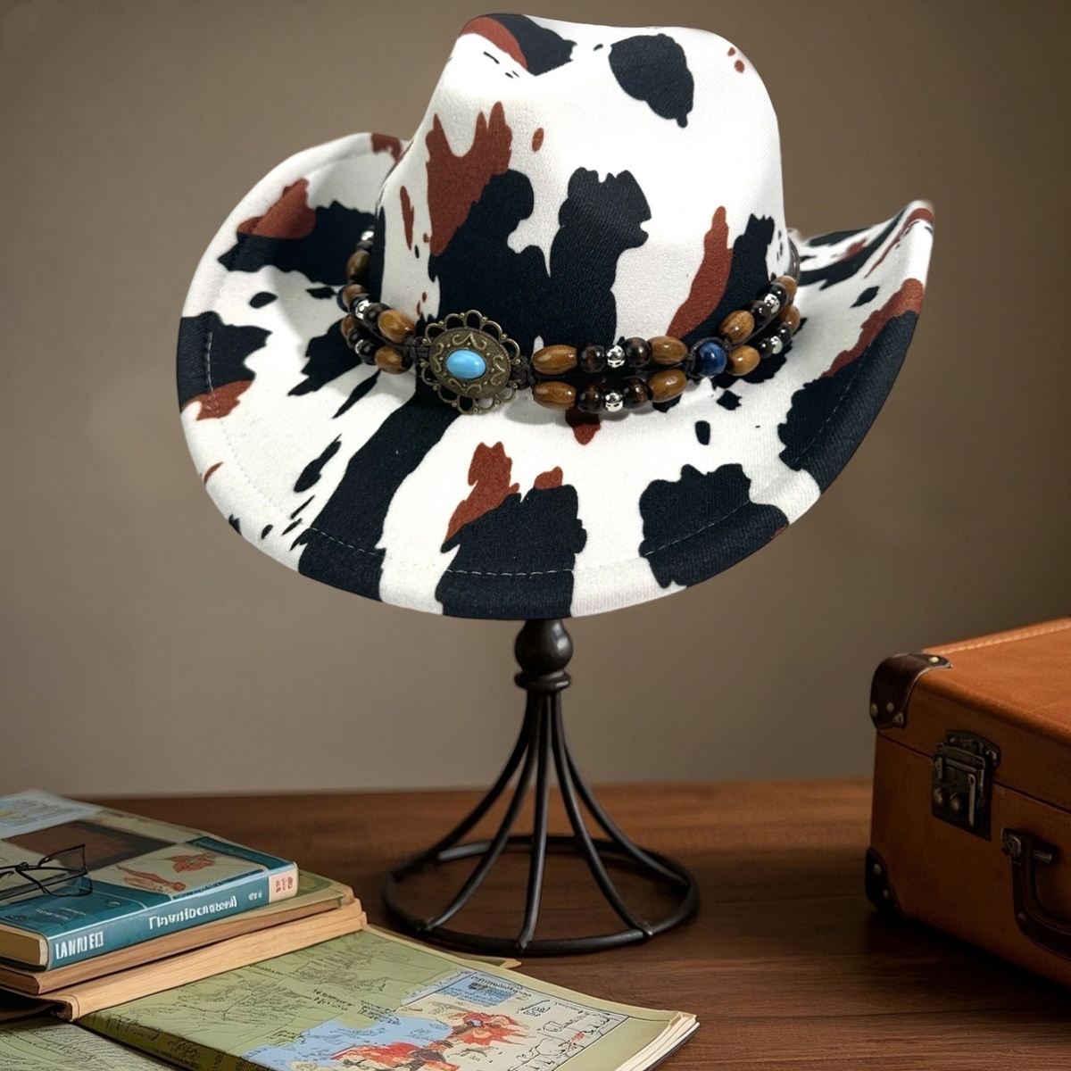 western style wide brimmed hat cow print men women complete  display picture 1