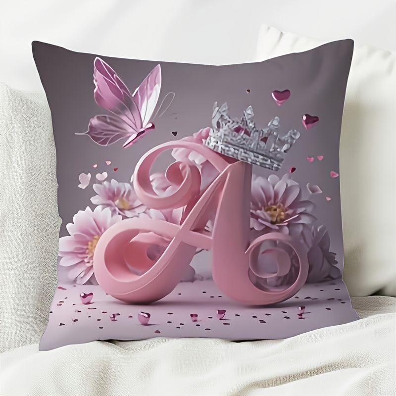 TEMU 1pc Pink "a" Crown And Throw Pillow Cover - Modern Decor With Zipper Closure, Double-sided Print, Machine Washable Polyester, Perfect For Sofa