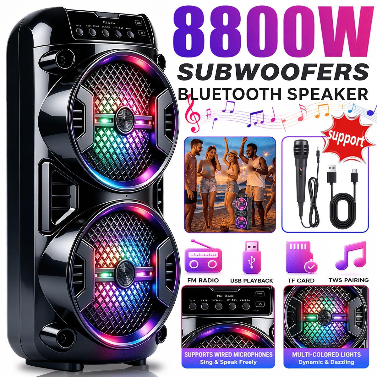 TEMU Wireless Portable Wireless Speaker With Dual Drivers For Powerful , Supports Bt/tws/fm/usb/aux/tf Card And Microphone Input, Loud Stereo