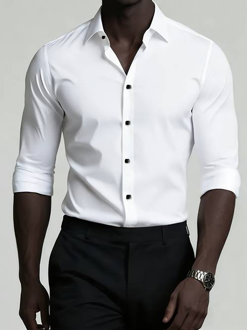 a lightweight summer shirt for men suitable for business casual settings it wrinkles requires no ironing and is breathable and easy to care for the classic collar and long sleeves ideal for office and everyday casua