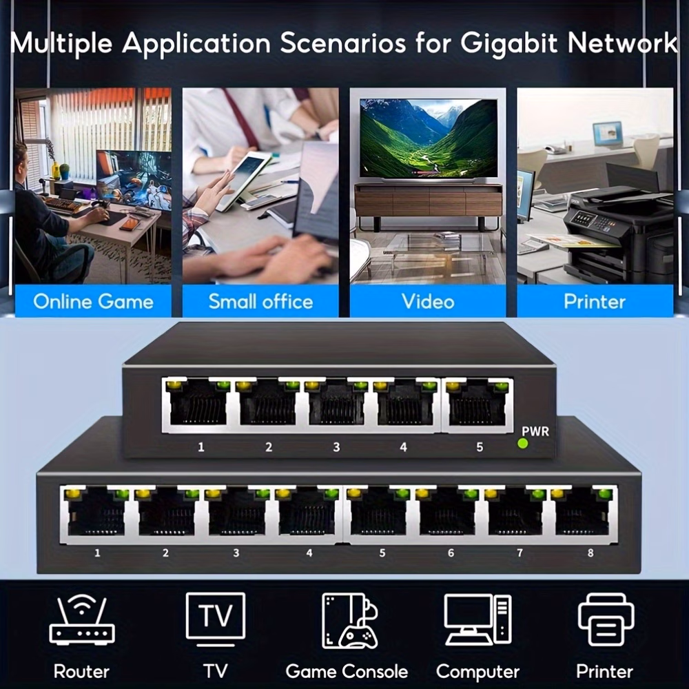 5-портовый/8-портовый гигабитный ethernet-переключатель с металлическим корпусом, порты rj45, которые автоматически договариваются о скорости 10/100/1000 мбит/с, прост в подключении и установке, портативный и удобный для пользователя, компактный сетевой переключатель, подходящий для адаптеров для мониторинга общежитий Детали 4