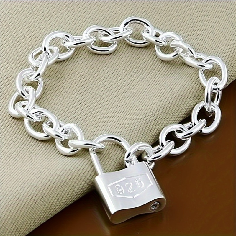 

925 Pure Silvery Large Pendant Lock Bracelet, Fashion Korean Style Silvery Jewelry Lock Chain Bracelet - 7.5in/19cm, Suitable For Wrist 7.5in/19cm, With , Ideal Gift !