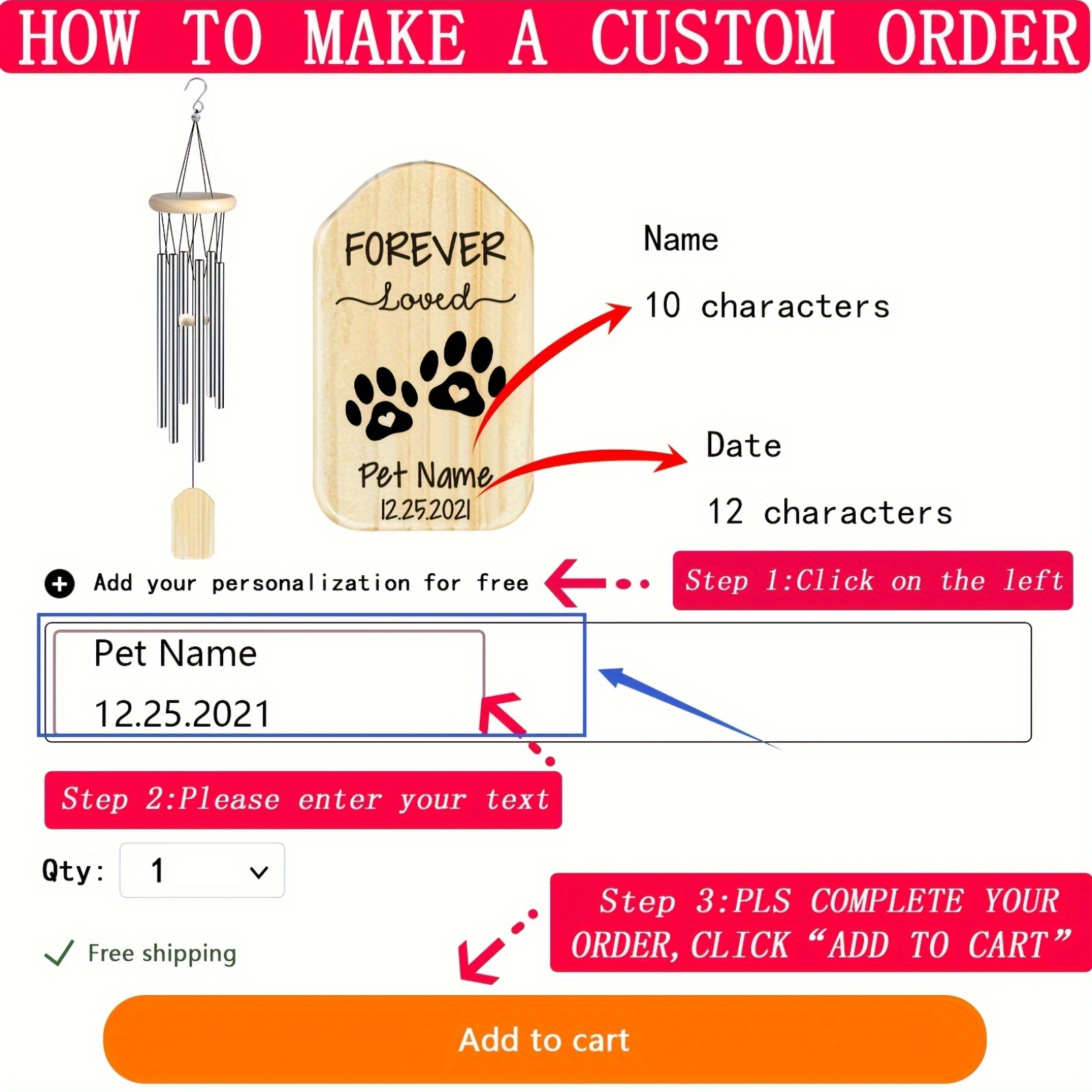 Personalized Pet Memorial Wind Chime with Custom Name