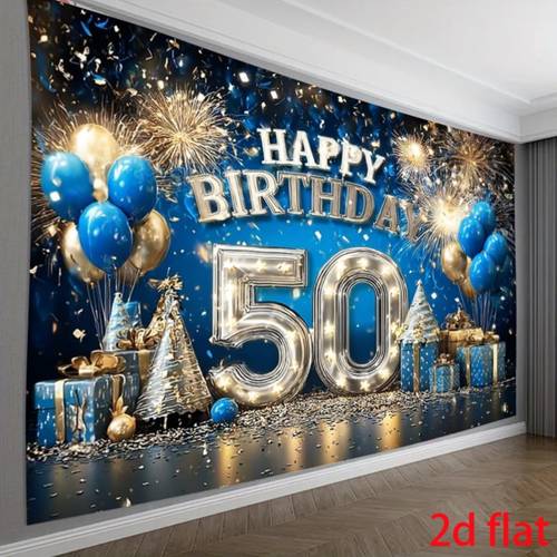 2d flat 2d flat banner a 2d flat background banner for a 50th birthday featuring a large illuminated number 50 with golden and blue balloons and confetti zy 2d flat