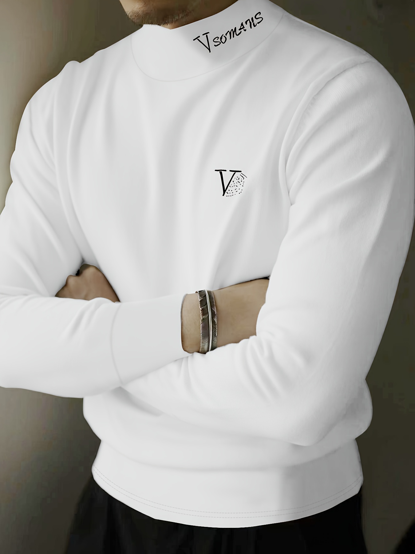 Men'S Fashion V-Print Short Turtleneck Long Sleeve T-Shirt