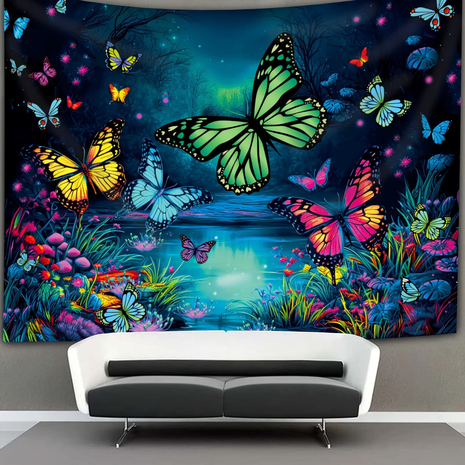 Pond Butterfly Uv Black Light Tapestry Fluorescent Wall Decor_voghion.com