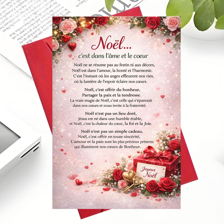 TEMU 1 Carte de vœux + 1 Enveloppe. Carte de Noël plate 2D, avec des vœux français sincères, parfaite pour les couples, et pour , la paix et la joie
