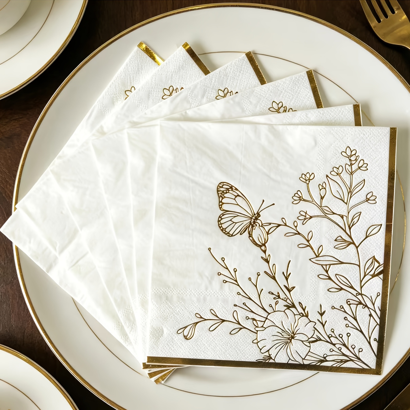 TEMU 15pcs Easy Line Gold-embossed Plant Disposable Napkins, Luxurious Style Party Decorative Napkins, Wedding And Birthday Banquet Disposable Square