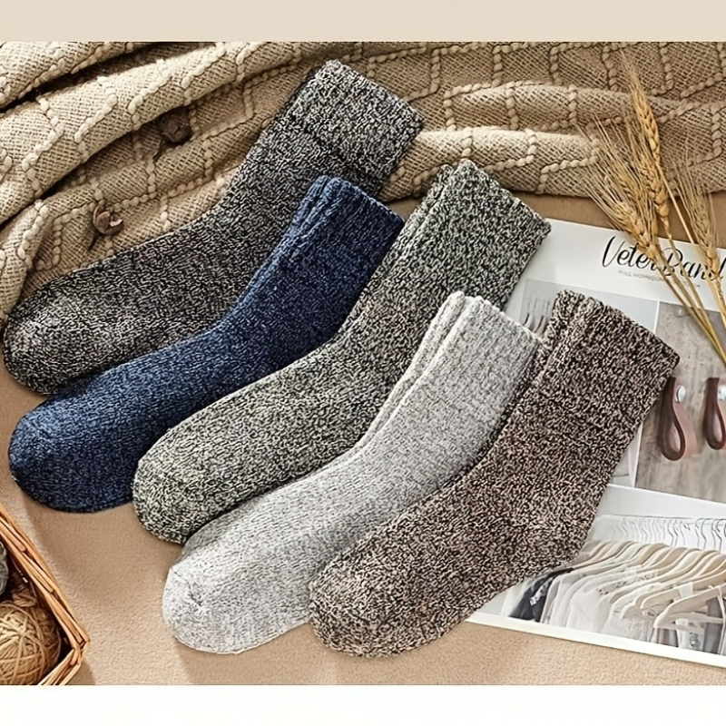 3/5 Pairs Men'S Thick Warm Knit Crew Socks - Solid Color Winter Socks with Ribbed Cuffs, Polyester Blend, Hand Wash Only, Ideal for Cold Weather Comfort, Winter Socks, Handwash Only Socks, Ribbed Cuff Socks, Durable Knit Socks