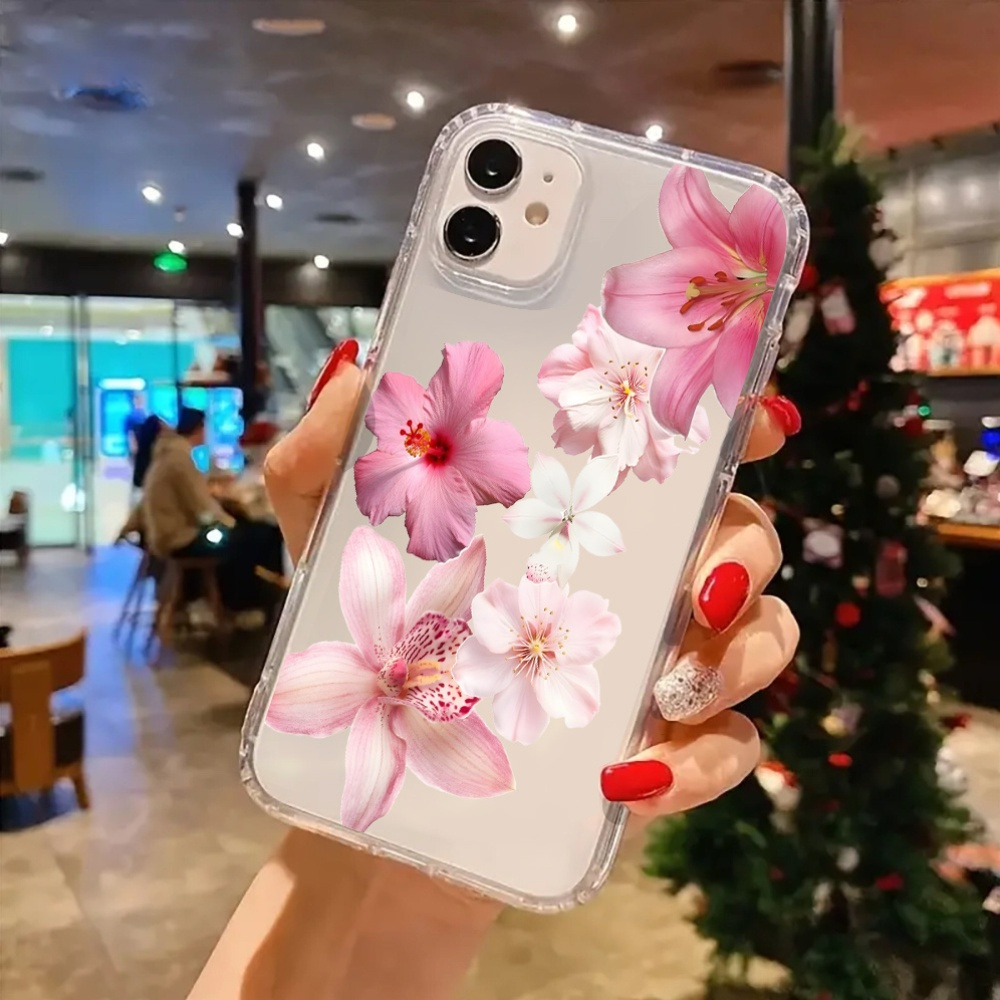 aesthetic clear phone case featuring pink white hibiscus Temu