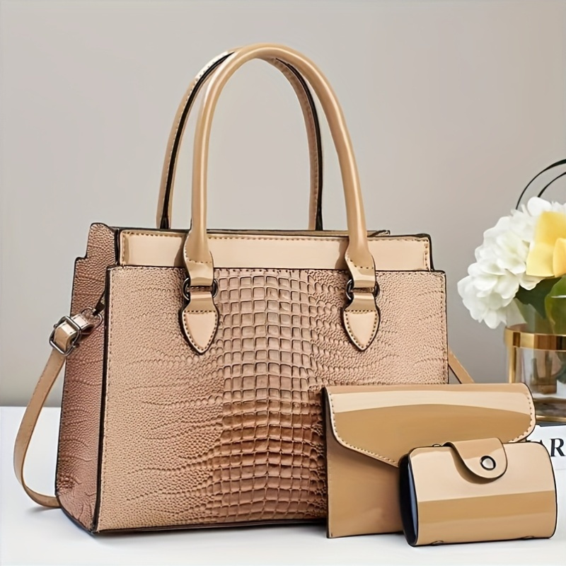 Three-piece set of Ramadan festival style mom handbags with classic crocodile pattern Women's bag set, single shoulder bag and handbag with wallet, suitable for gifts, work travel
