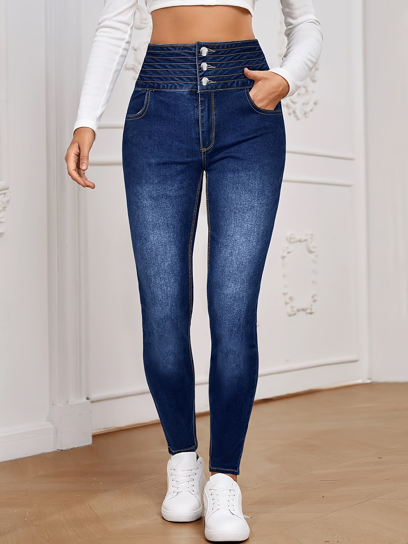   Women S 25AW Elegant Retro High-Waisted Stretch Skinny Jeans - Single-Button Closure,   Fit, Versatile   Denim Pants for Casual & Formal Wear, Solid Color, High Waisted Jeans, Formal Denim, Sleek Silhouette, Stretchy Fabric