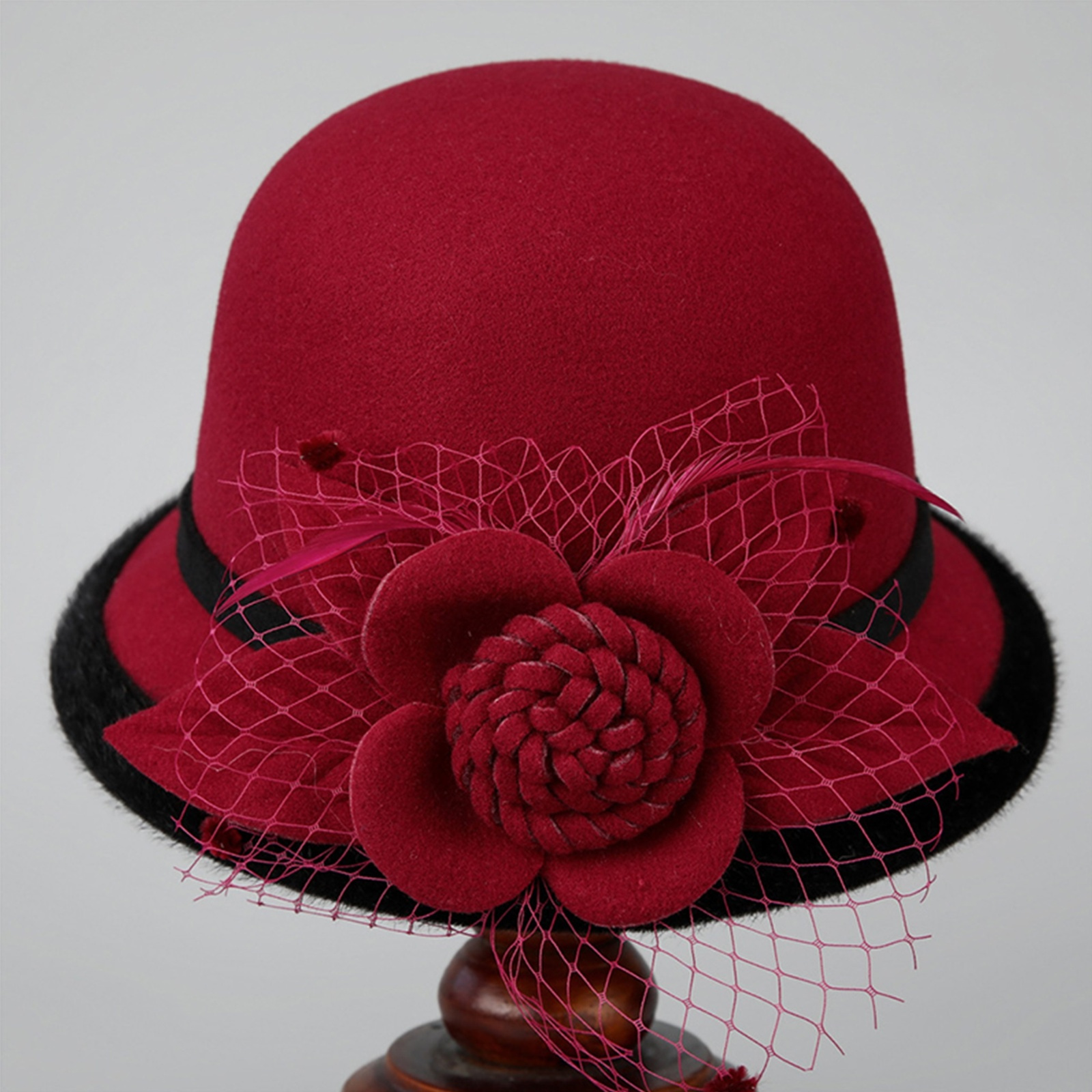 Women\'s Vintage 100% Wool Felt Cloche Bucket Bowler Hat Winter Vintage Bow Red Womens Vintage 100% Wool Felt Cloche Bucket Bowler Ecuador  main image 4