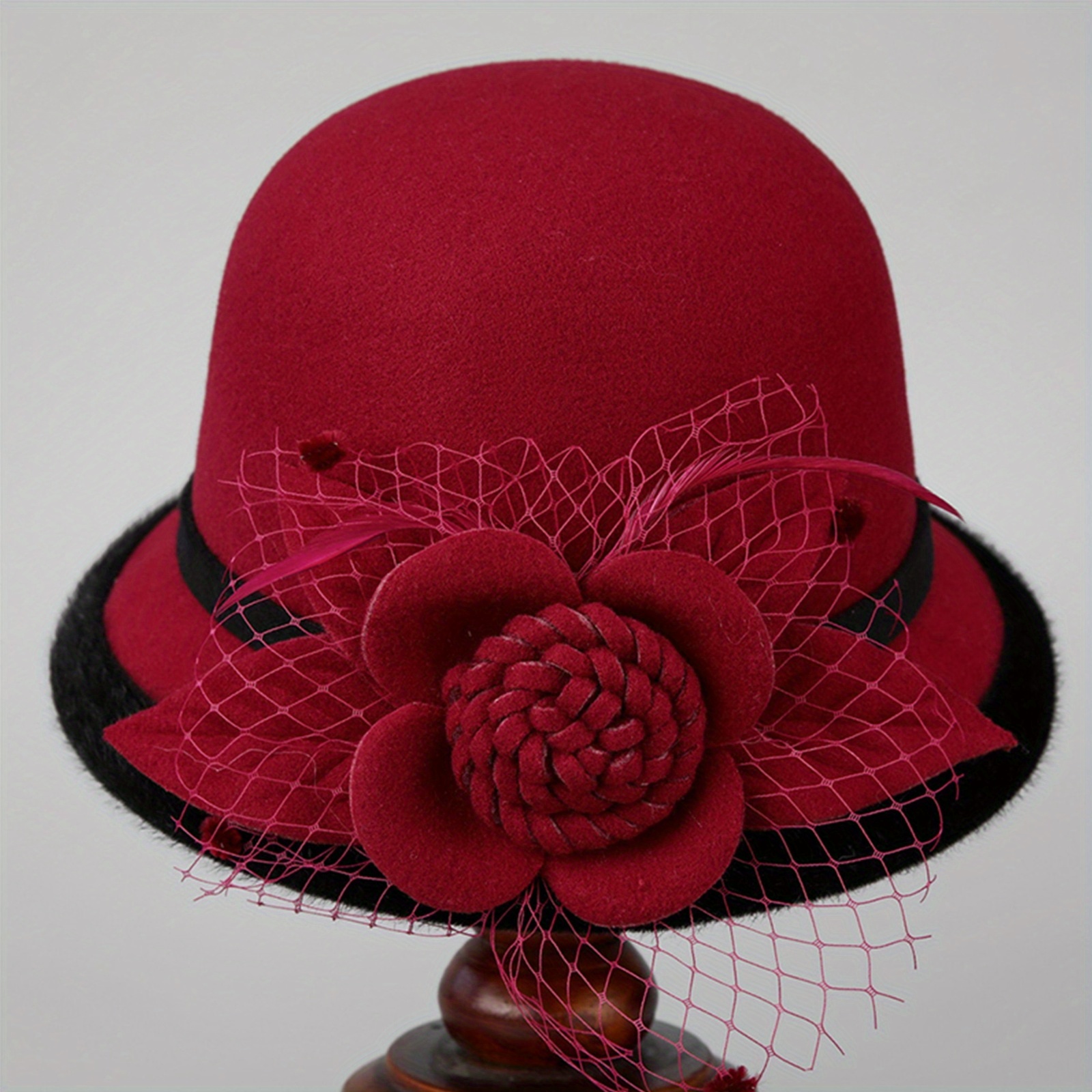 Vintage Wool Felt Bowler Hat with Flowers and Bow for Church Wedding Derby Womens Imitation Wool Felt Flowers Church Bowler Hats  main image 3