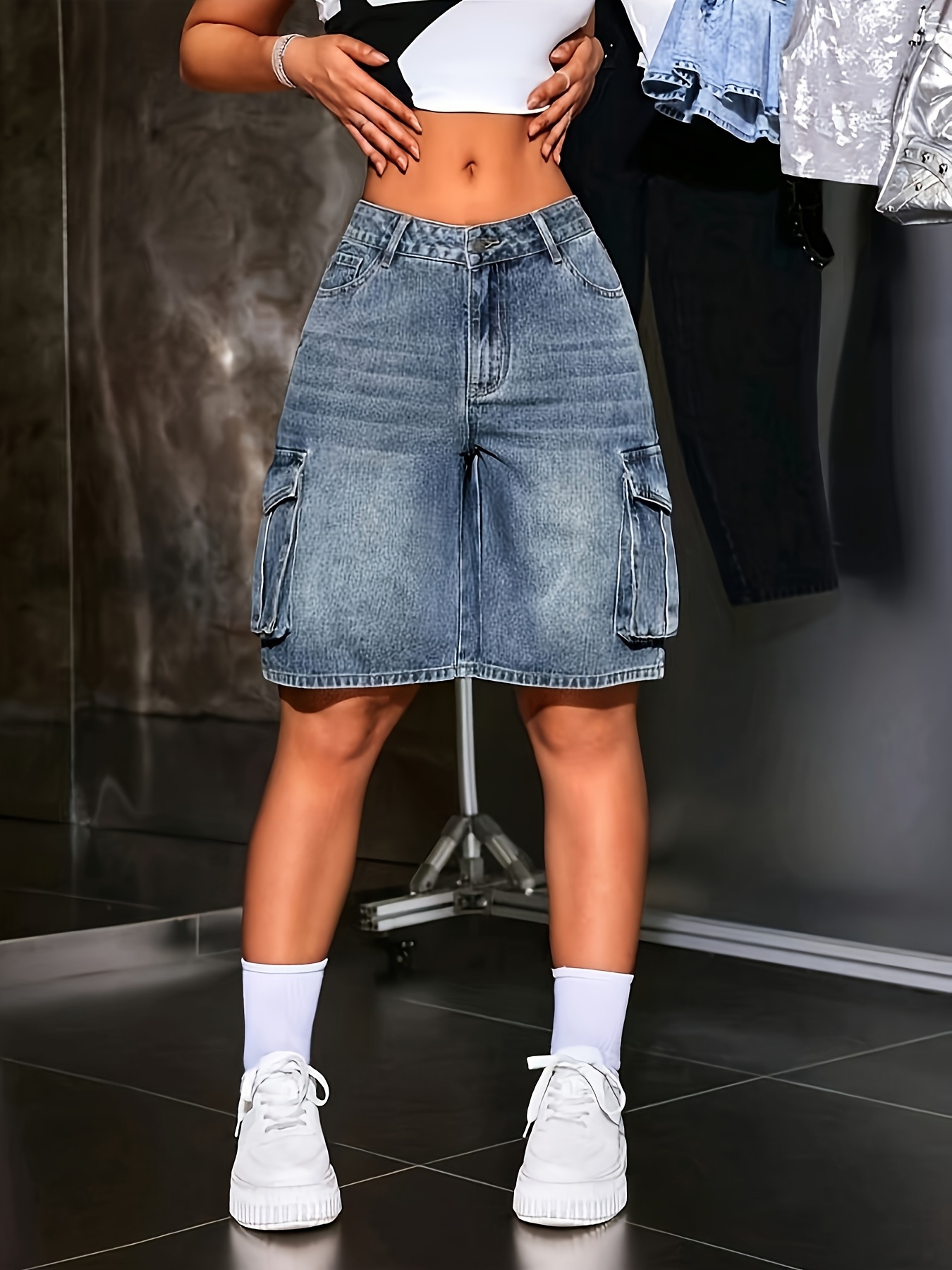 womens high waisted stretch denim shorts light   zipper closure slash pockets loose fit casual summer style jean shorts