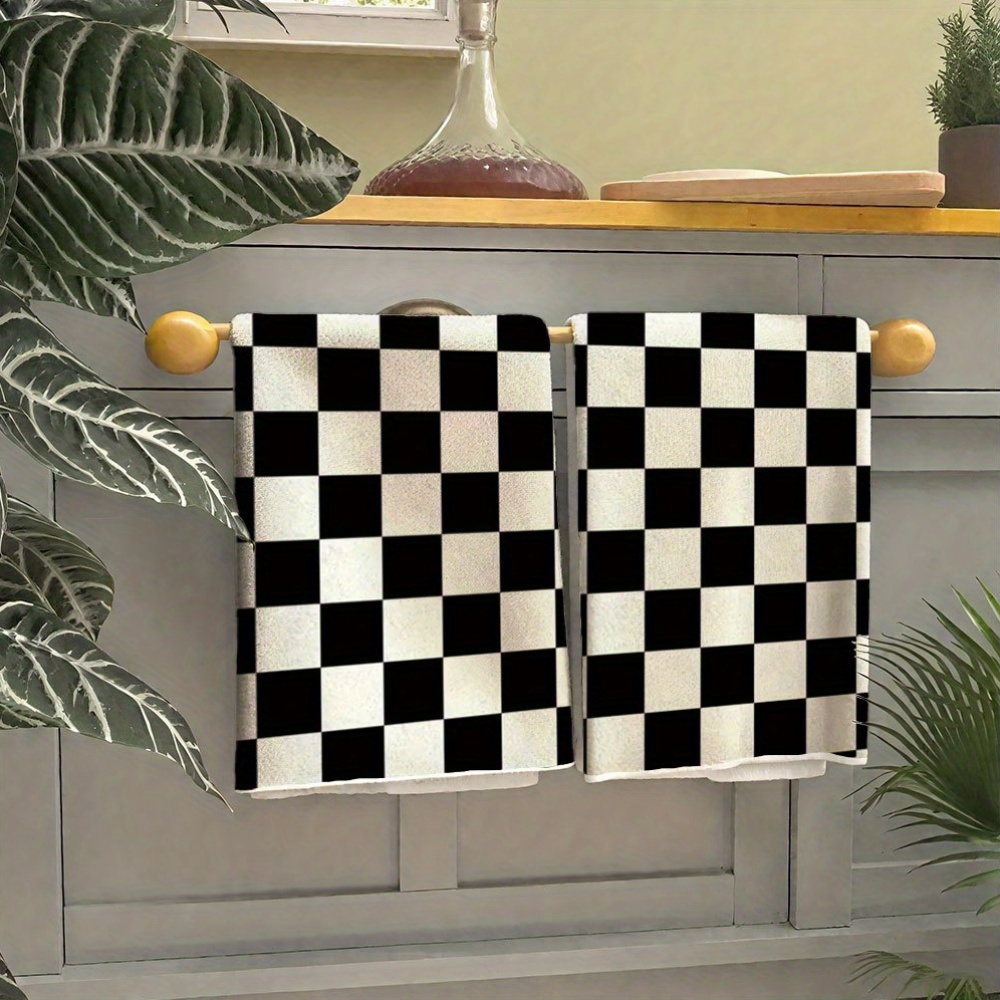 TEMU 2pcs 2pcs Pack Black And White Checkered Kitchen Towels - Modern Checkerboard Design Suitable For Kitchen, Bathroom, Gym - Soft Lightweight Dish