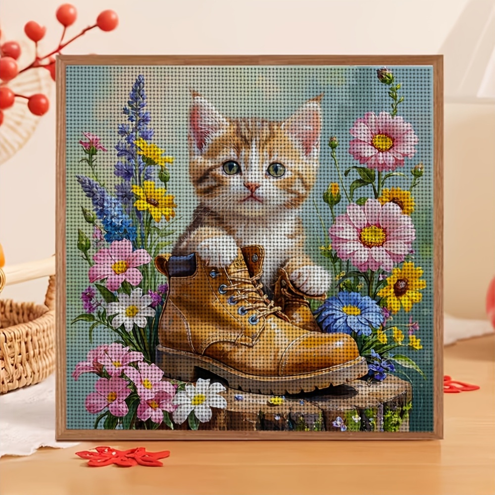 Stitch Print Set, Little Cat Sitting on Boots with Flowers