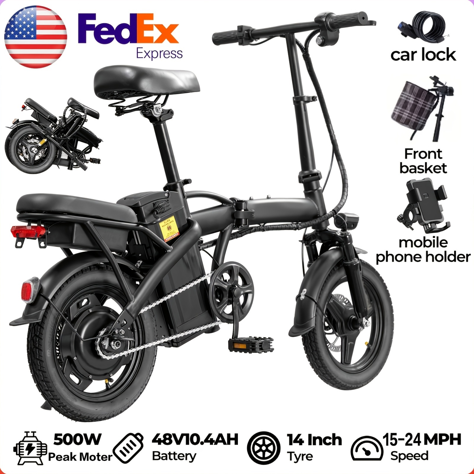 14 Inch Folding Electric Bike with 500W Motor, Portable Commuter Bicycle, Speeds 15-24 MPH