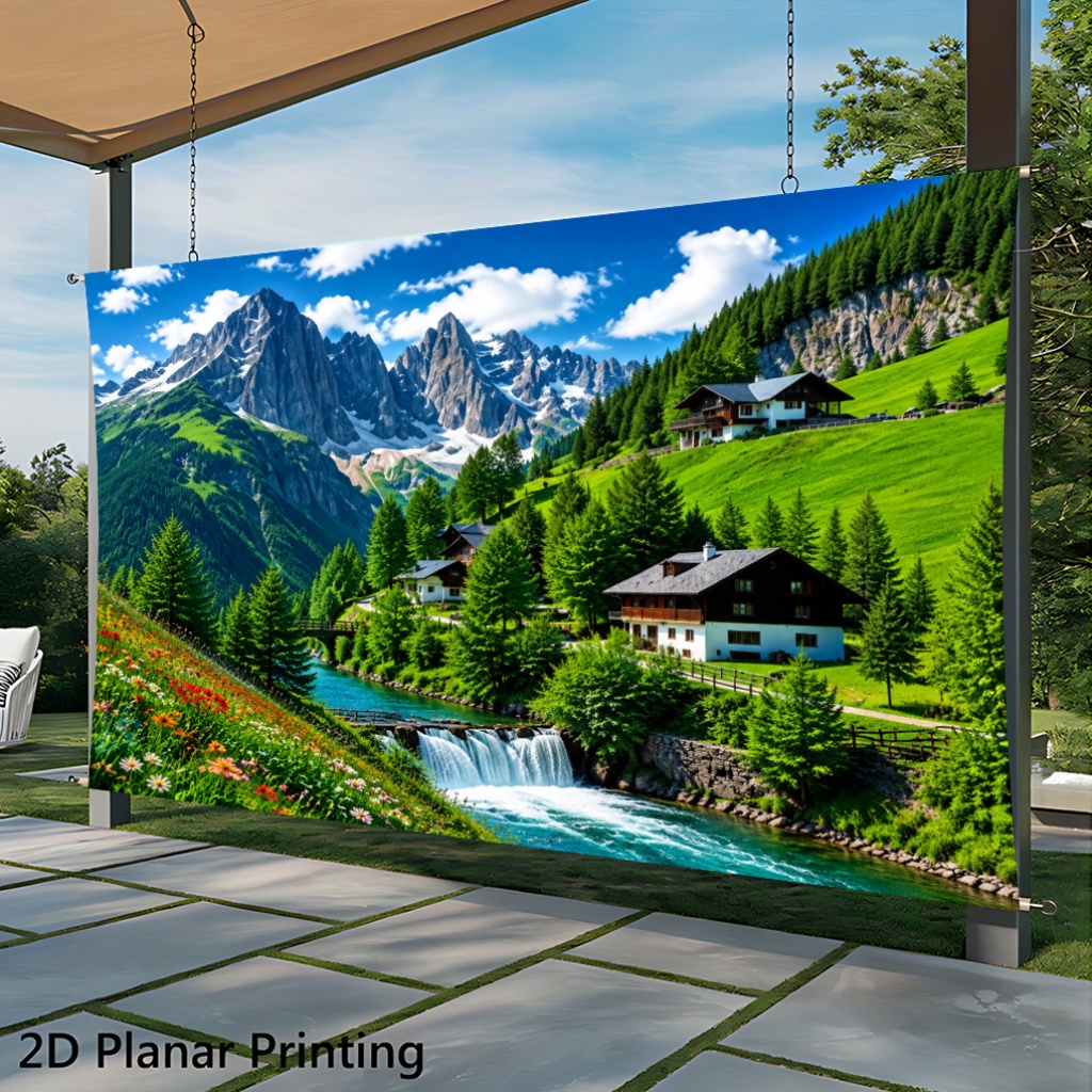 Beautiful Mountain Village Scene Decorative Backdrop Banner