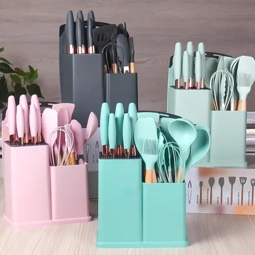 silicone kitchen supplies set of 19pcs food grade silicone cooking spoon shovel cutting cutting cutting board fruit knife chef knife combination set