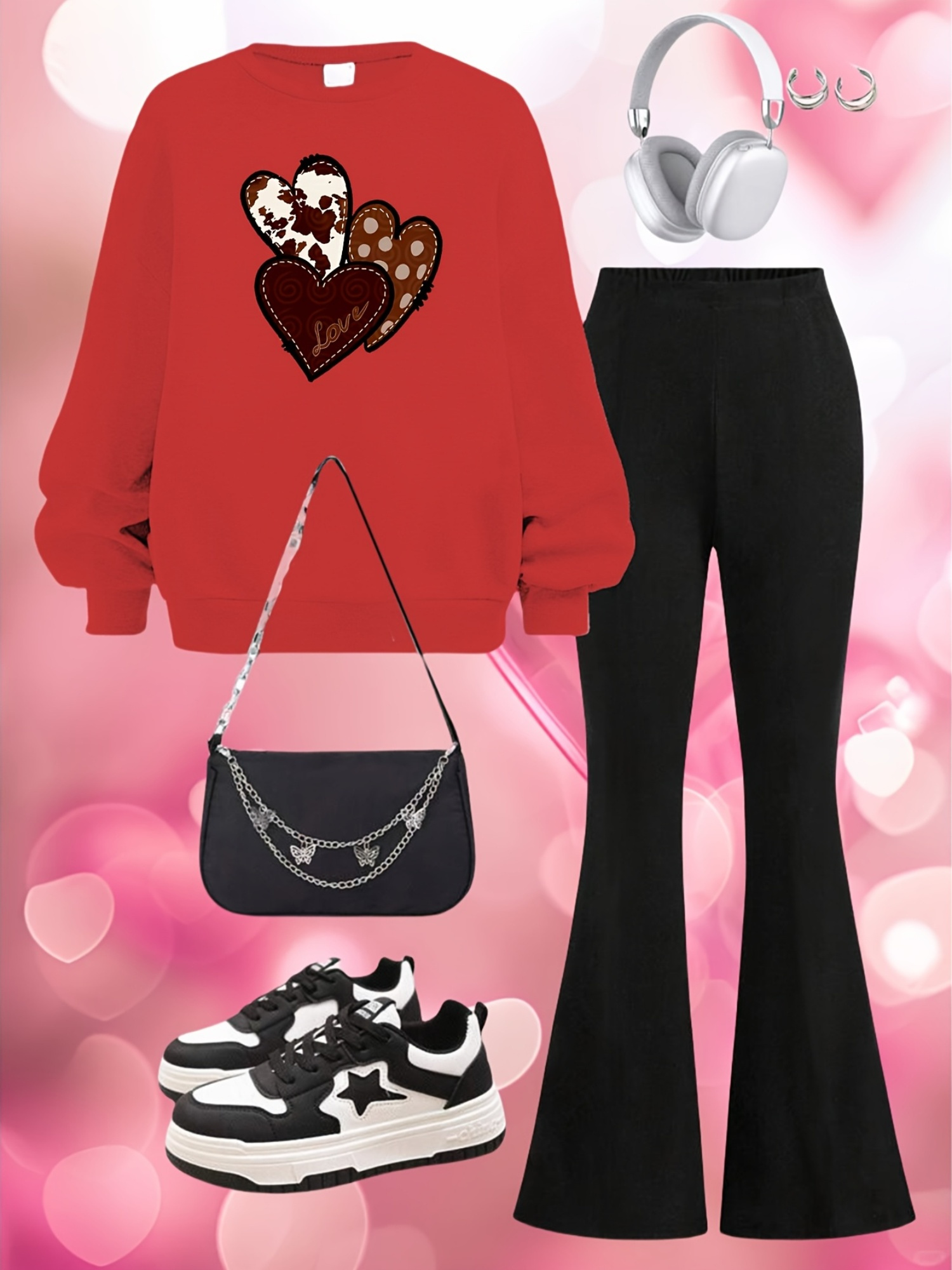 Valentine'S Day Themed Girls' Fashion Set Featuring a Chocolate-Colored  Sweatshirt with Three Heart Patterns And Flared Long Pants, a Two-Piece