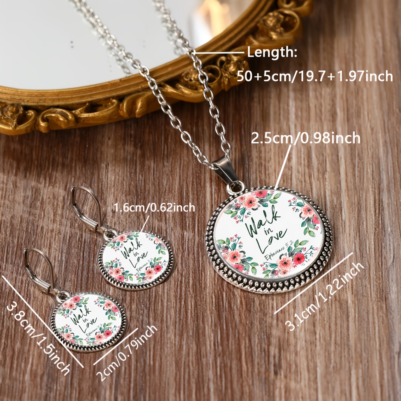 3pc Floral Pattern Round Glass Classic Jewellery Set for Women
