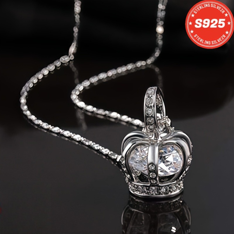 TEMU S925 Sterling Silvery Crown Necklace | Durable, Inlaid With Synthetic Zirconia, Low Allergenic, Ideal Gift For Men, Women, Wives, , Mothers, And