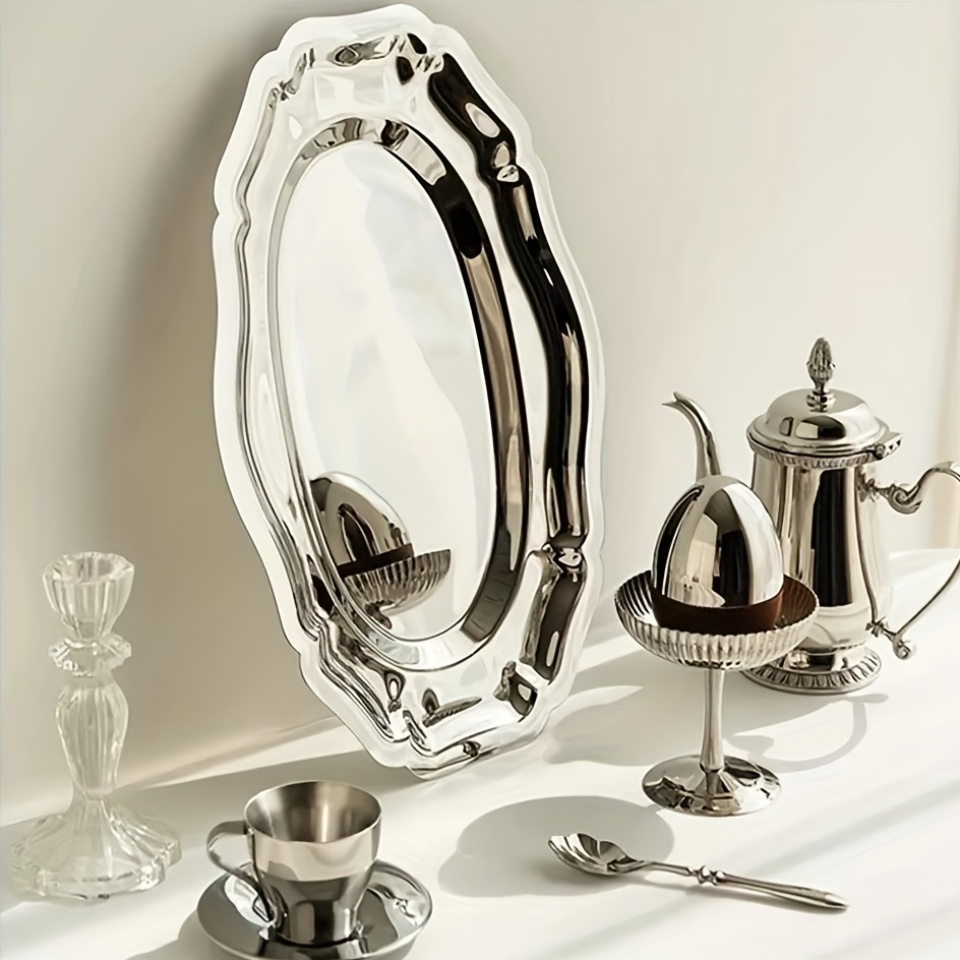 1 plateau de service ovale en acier inoxydable, réutilisable et lavable au lave-vaisselle, qualité 304, idéal pour   de laprès-midi, les gâteaux,  , les fêtes de noël, durable et facile à nettoyer