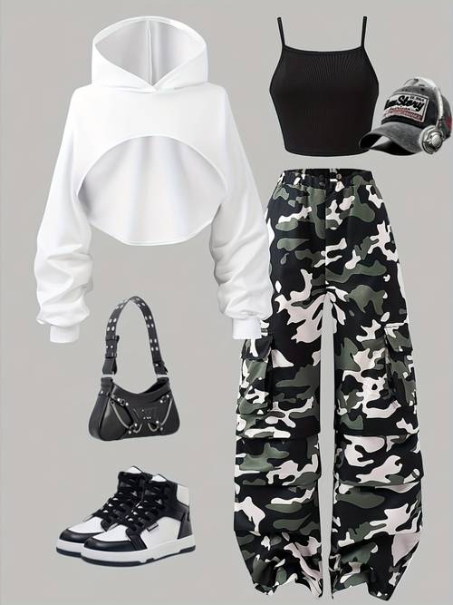 conjunto de 3 piezas para niñas de otoño e invierno, estilo retro, pantalones cargo de camuflaje , sudadera corta con capucha y chaleco suelto de cintura , para exteriores, para adolescentes, para adolescentes