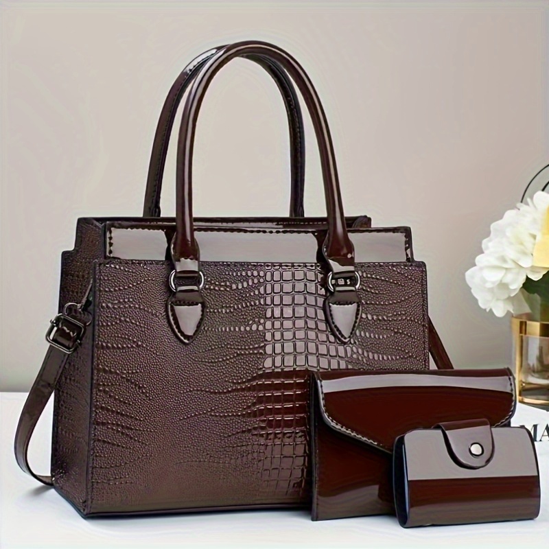 Three-piece set of Ramadan festival style mom handbags with classic crocodile pattern Women's bag set, single shoulder bag and handbag with wallet, suitable for gifts, work travel