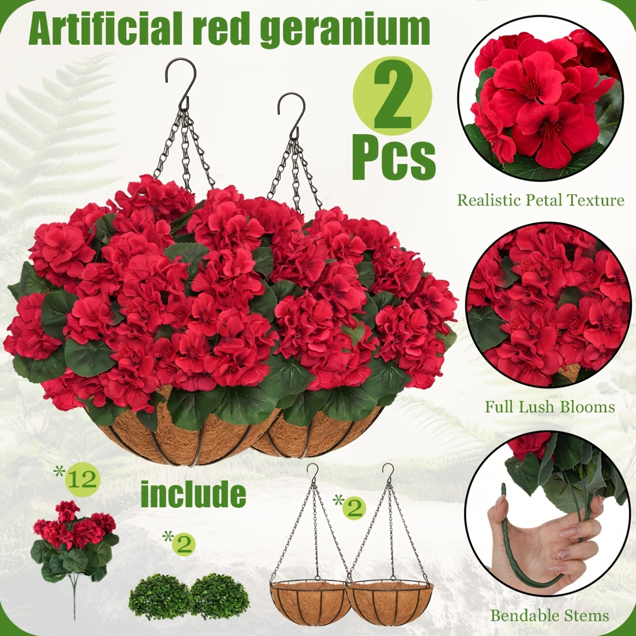 2 Sets Artificial Red Geranium Flowers with Hanging Baskets and Planters, 12pcs Each for Garden and Home Decor
