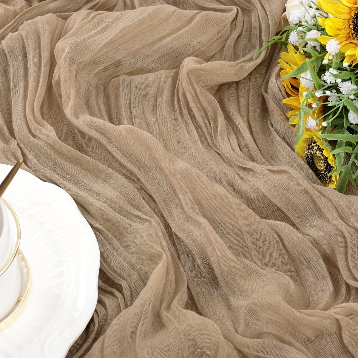 Image of Beige Cheesecloth Table Runners Bulk For Wedding Reception, Fall Party, Halloween, Thanksgiving, Christmas, Baby Shower, Rustic Boho Table Decor