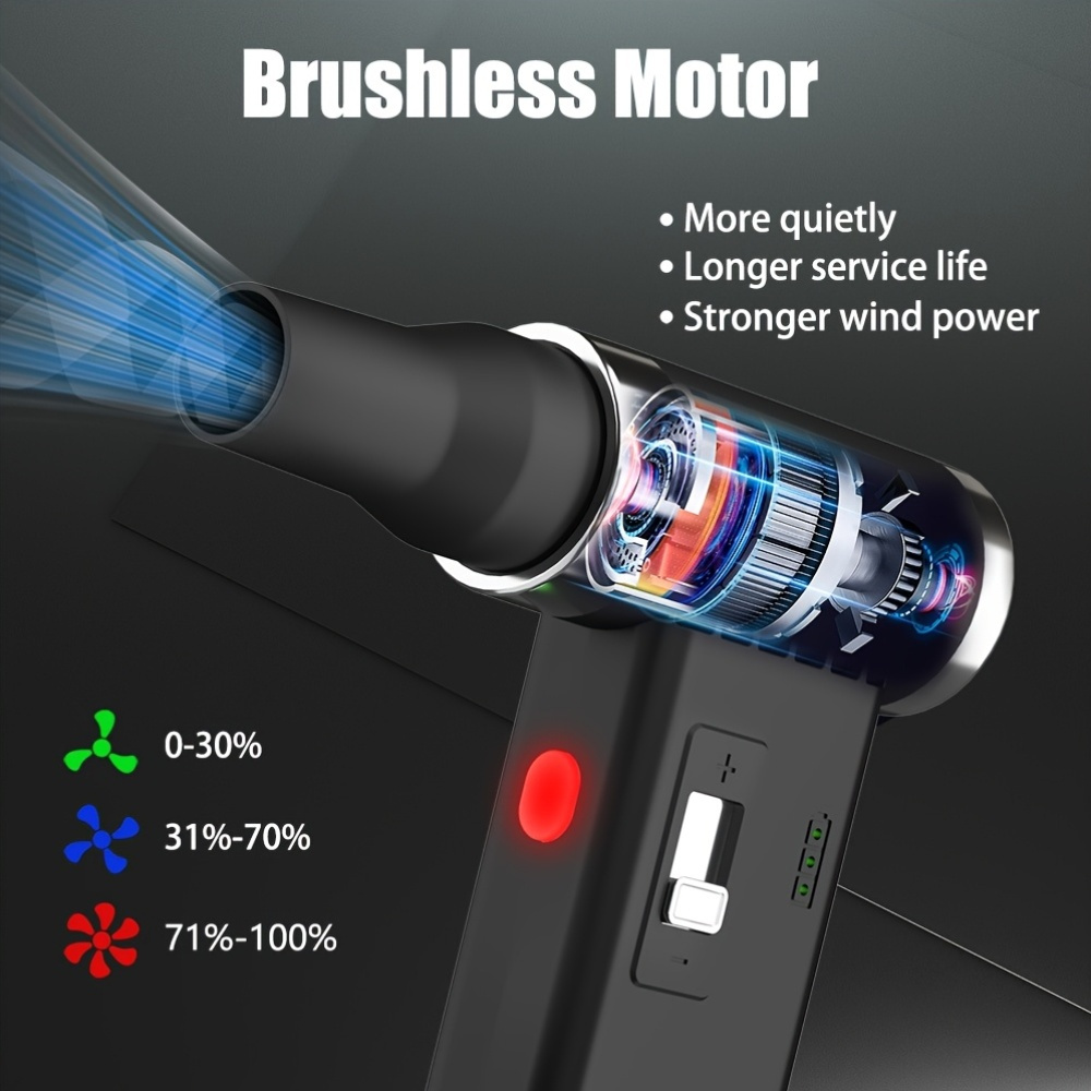 Soplador de aire eléctrico inalámbrico recargable, alta velocidad 110000 RPM, con regulación de velocidad infinita de 0-100%, ideal para limpieza de teclado, computadora, auto y hogar
