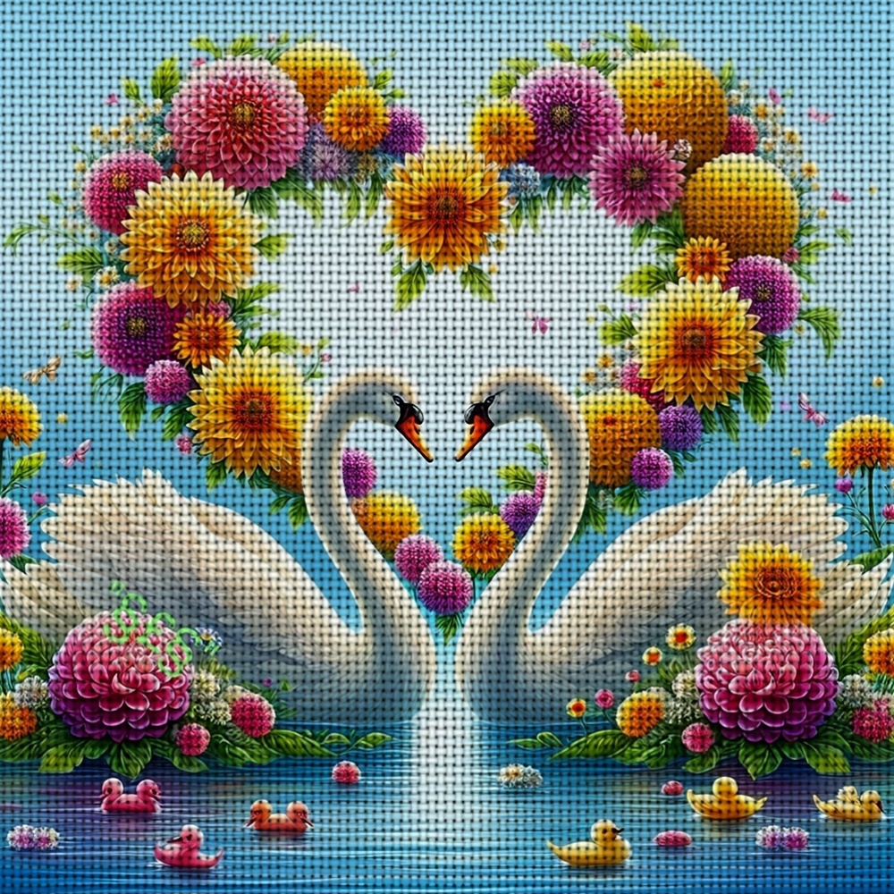 Frameless Cross Stitch Printed Kit, Double Swan Heart-Shaped Flower Ornament