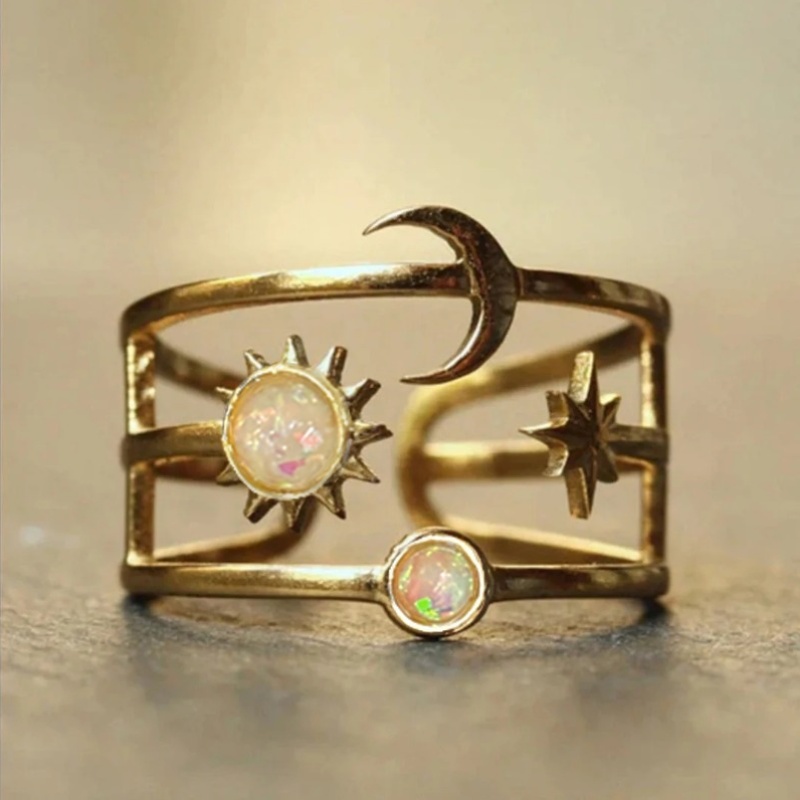 Women's Bohemian Engraved Moon Sun Star Adjustable Ring, Vintage Opal
