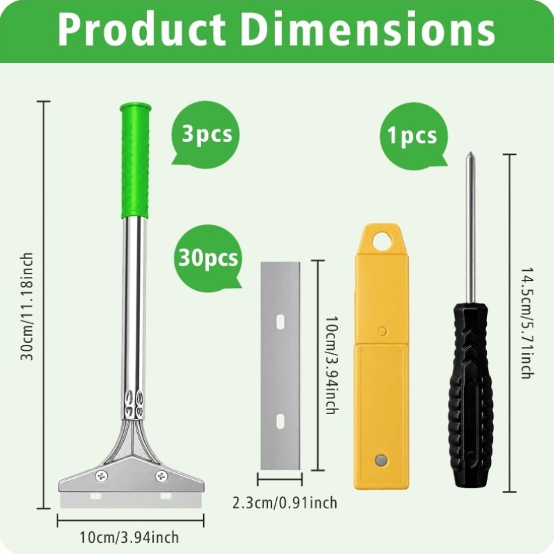 3 Pack Heavy Duty Wallpaper Scraper Tool, 10.16 cm Blade Long Handle Non Slip Wall Scraper with 30 Spare Blades, Perfect for Wallpaper Stripping, Paint, Tile Adhesive And Glue Removal