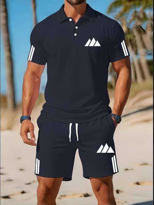 mens 2pcs set summer solid color casual athletic short sleeve shirt lightweight pocket drawstring elastic waist shorts suitable for vacation beach golf outdoor activities polyester fiber breathable top