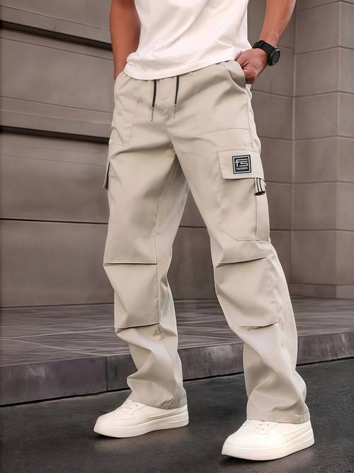 mens fashion cargo pants spring autumn loose multi functional letter patch multi pocket drawstring waistband casual daily outing trousers halloween costumes