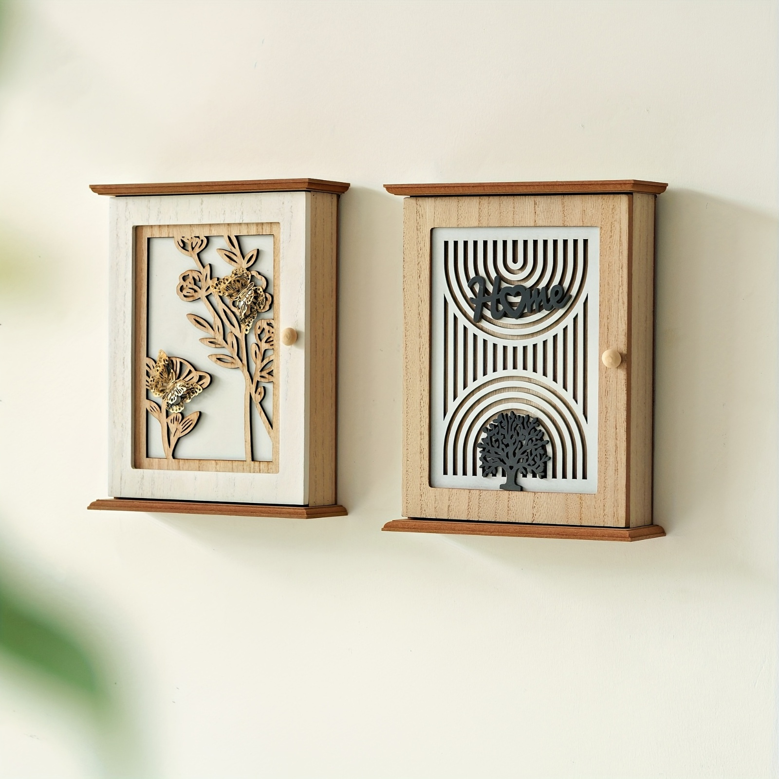   Style Wall-Mounted   Holder - Solid Wood Storage Box with Floral & Geometric Patterns, Space-Saving Jewelry & Accessory Organizer for Home Decor, Key Storage