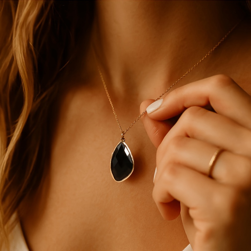 Faceted Black Obsidian Teardrop Pendant Necklace, Minimalist