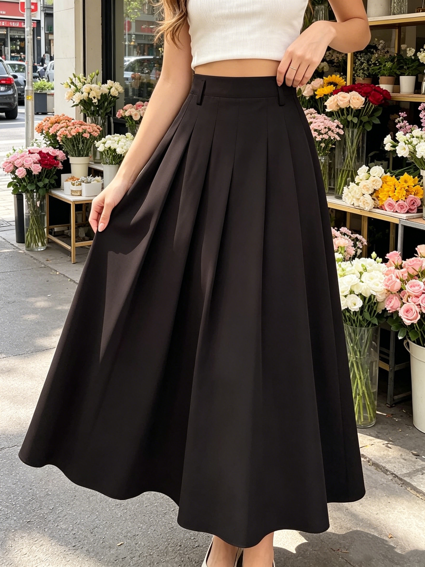 womens dark brown high waist pleated a line maxi skirt draped flared   elegant skirt
