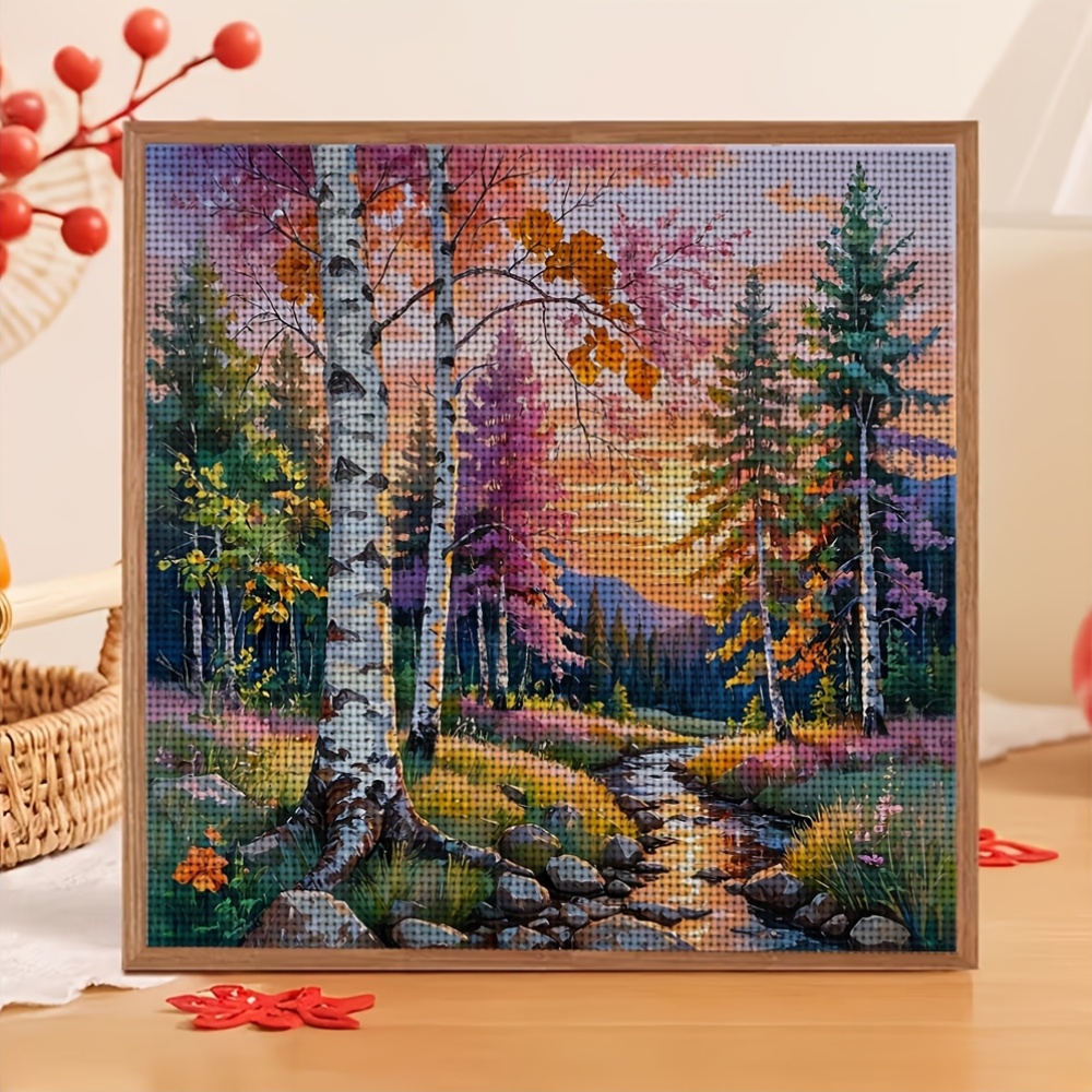 Streamside Colorful Forest Sunset Cross Stitch Printed Kit for Beginners