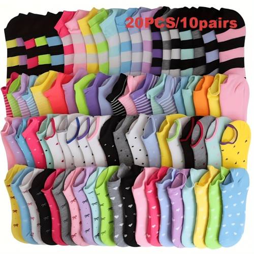 20pcs 10 pairs fashion black and heart socks socks soft breathable comfortable low cut design with fun patterns hearts stripes dots and bright colors reusable in random colors