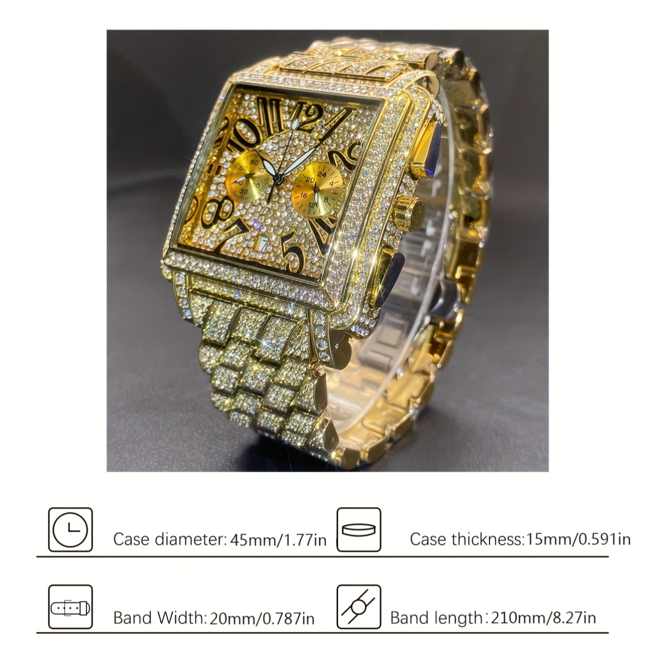 MISSFOX Men'S Luxury Hip-Hop Watch - Golden-Tone Quartz Movement with Date/Calendar, Square Dial & Roman Numeral Display, Sparkling Rhinestone Bezel, Battery-powered Formal/casual Wristwatch For Everyday & Special Events - Ideal Gift For Dad - Image 3