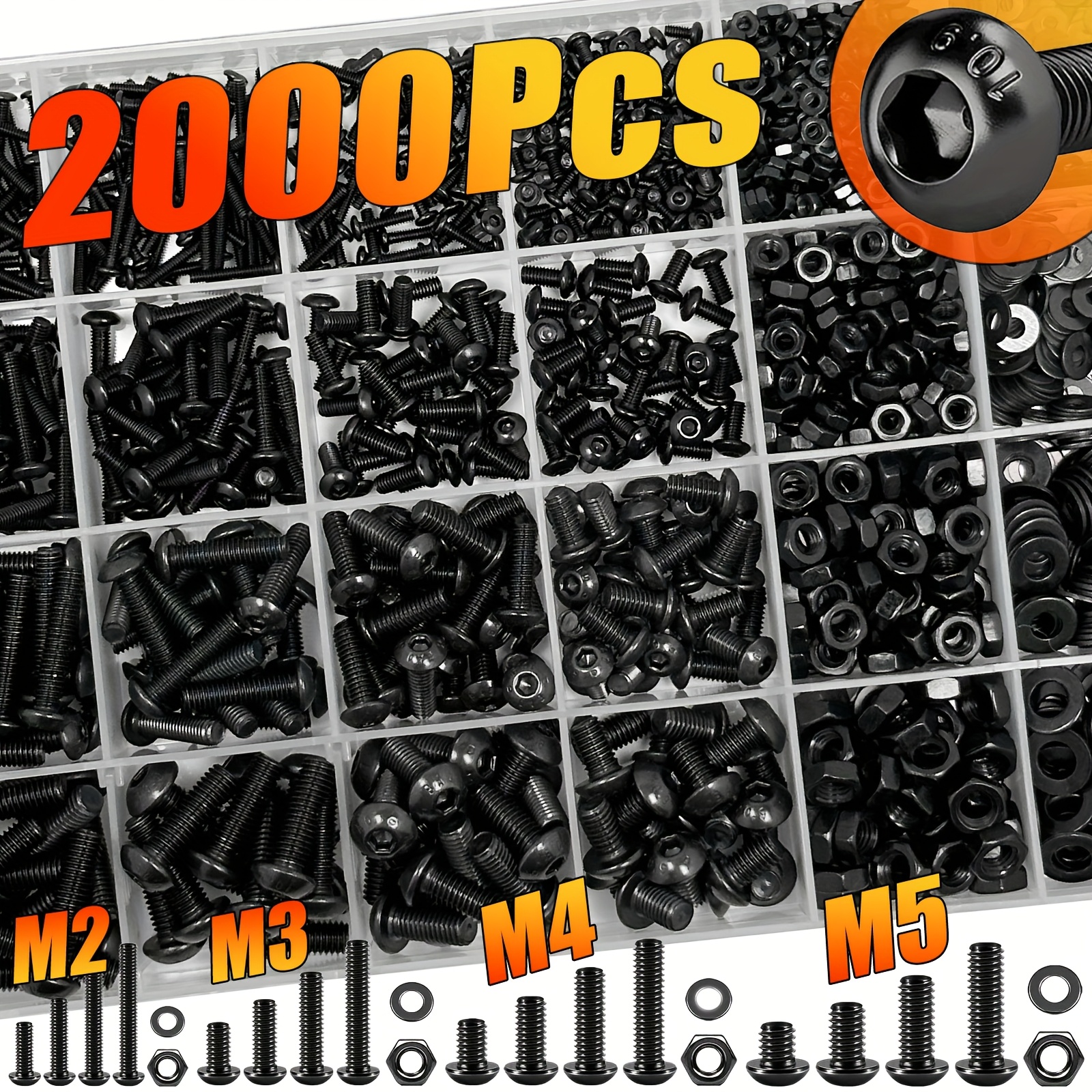 TEMU A Set Of 2000 Metric Screws, Including M2, M3, M4, And M5 Specifications Of Machine Screws, Bolts, And Nuts, With Anti-loosening Flat Washers.