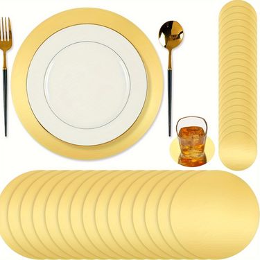 100pcs Round Golden Paper Placemats And Coasters Set, Foil Disposable Place Mats Decorative Table Mats Golden Paper Coasters Bulk For Wedding Birthday Party Dining Banquet Festive Holiday