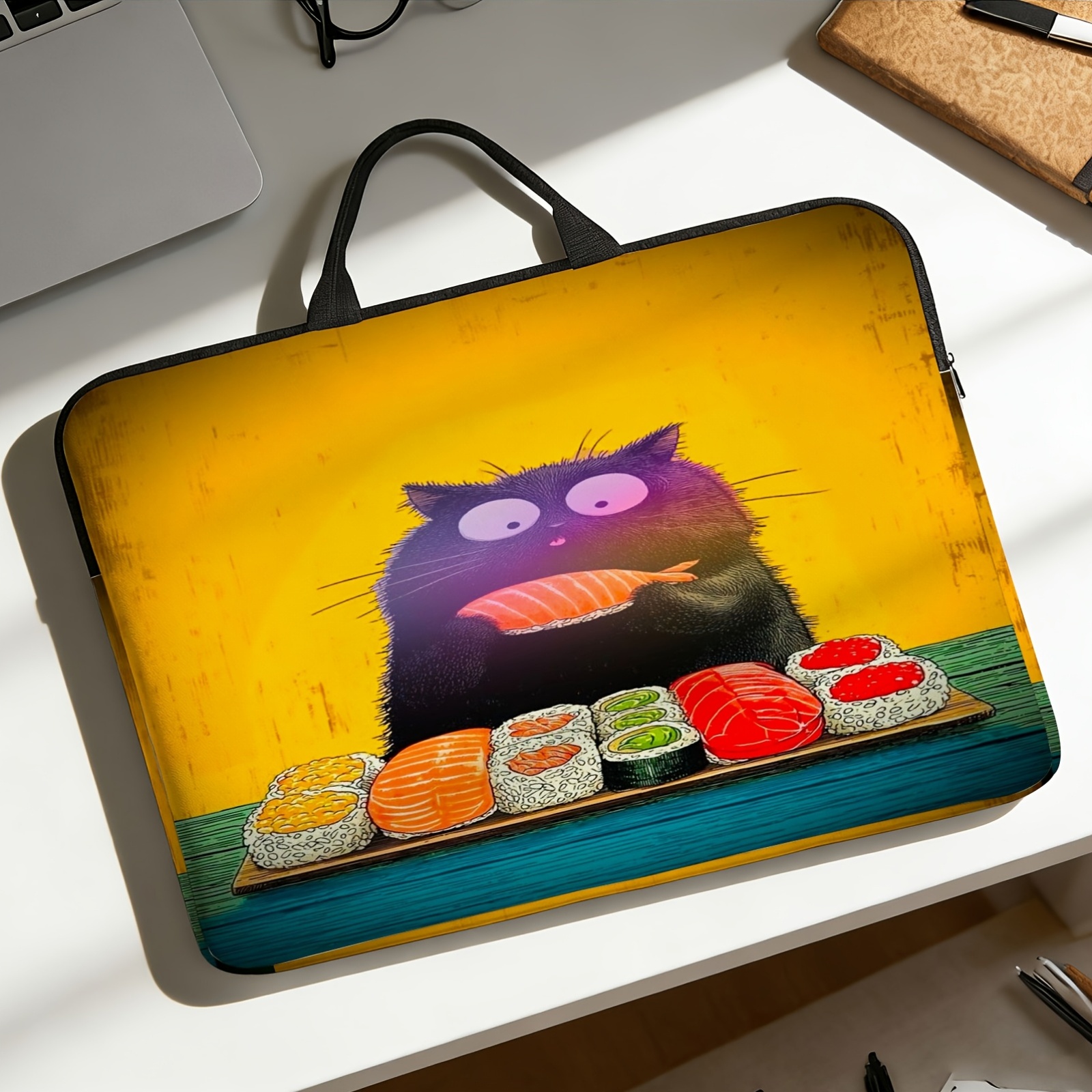 item picture 1pc laptop bag handheld laptop protection sleeve 2d   yellow distressed background fluffy   little black cat holding   japanese fun hand drawn illustration fits laptops portable laptop handbag protection sleeve