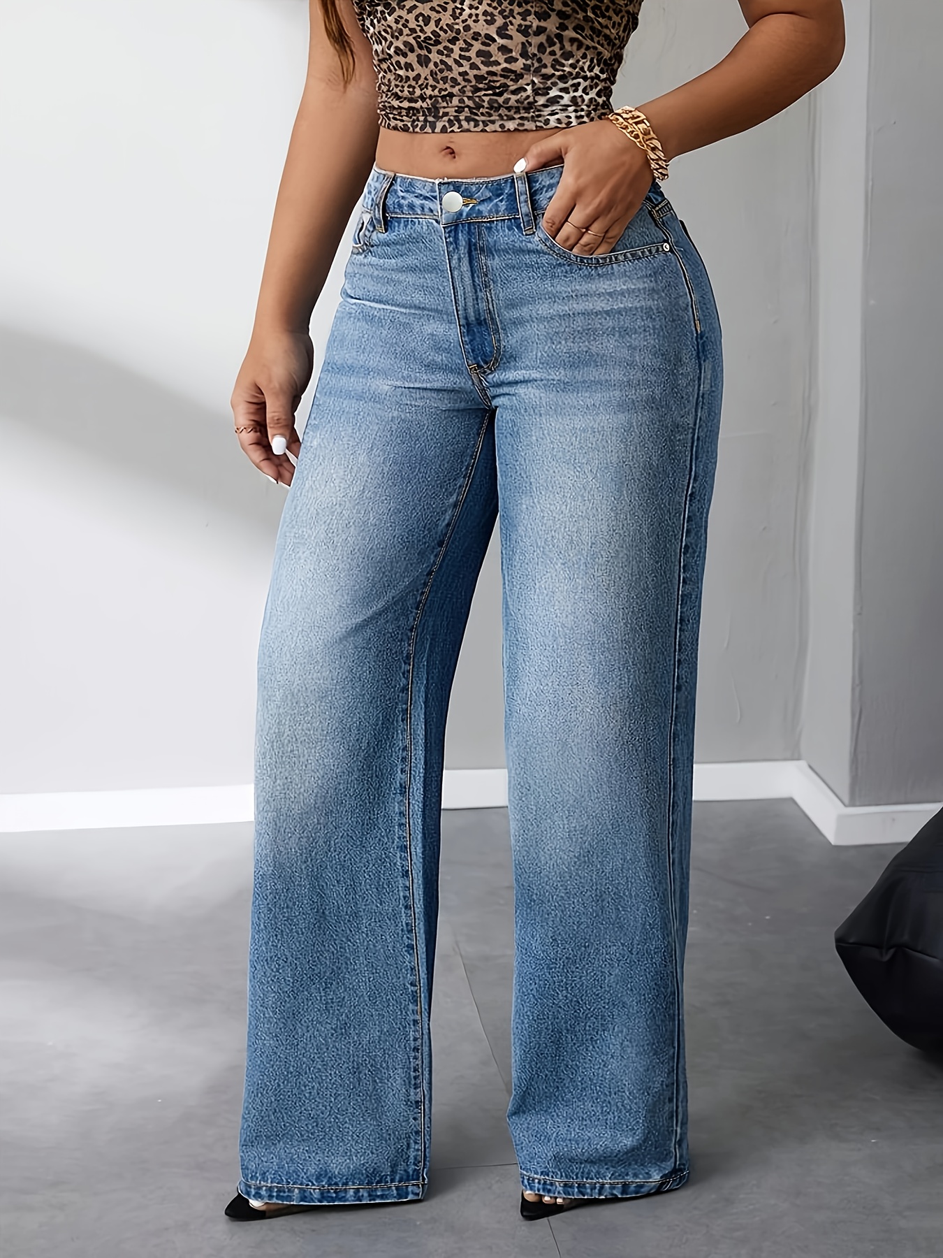 5050 plus size womens stretchy high waisted jeans light blue casual straight leg jeans with button closure and zipper fly   wear casual attire highwaisted jeans stylish casual jeans