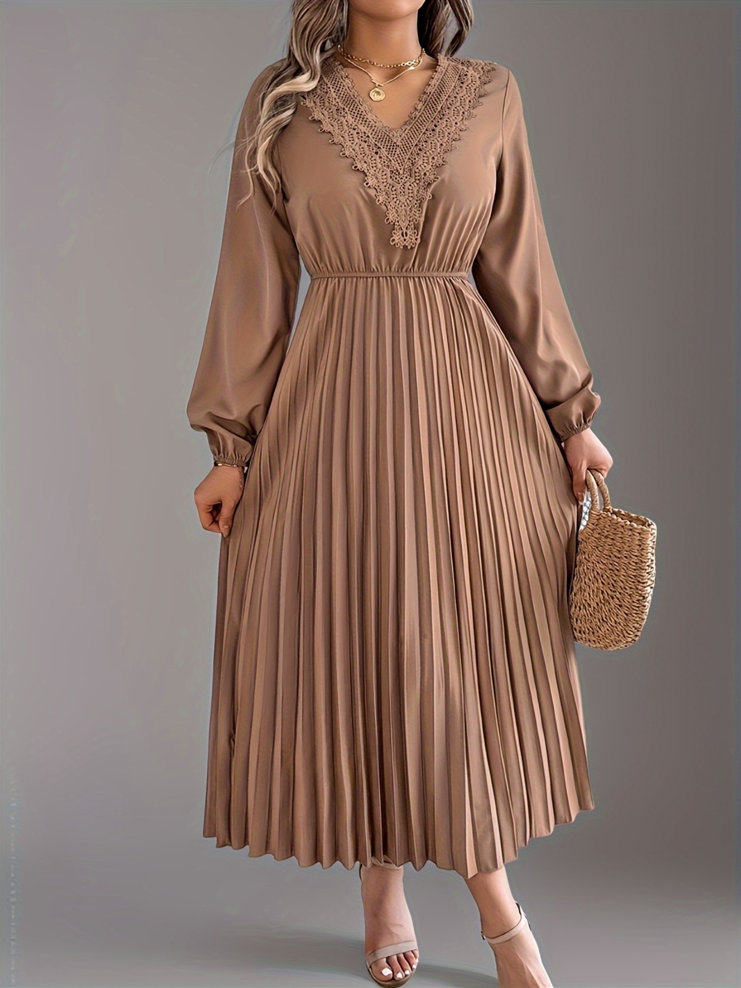 womens elegant v neck lantern sleeve pleated a line midi - Temu